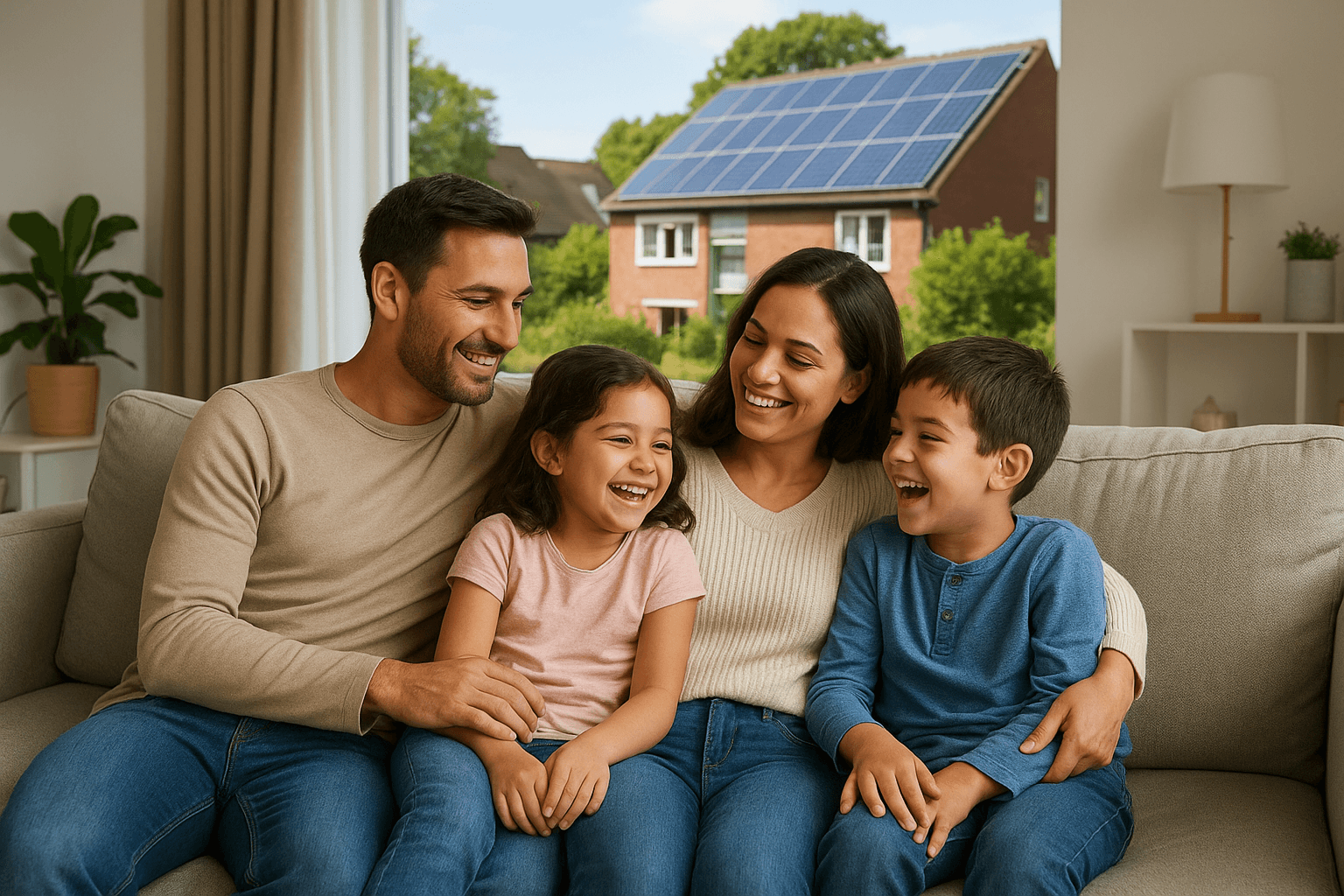 Happy family with solar panels